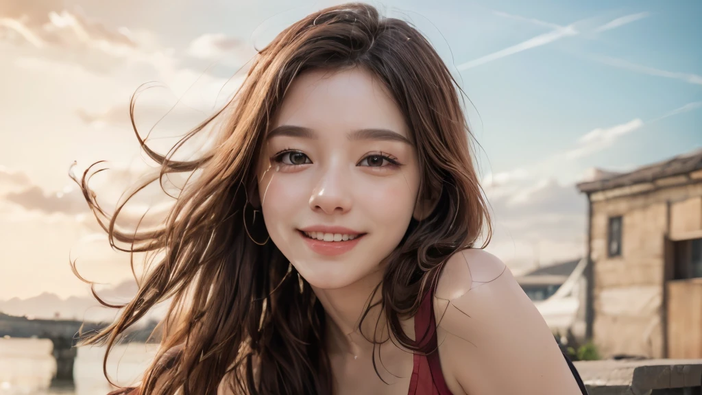 (8k, Highest quality, masterpiece:1.2), (Realistic, photo-Realistic:1.37), Very detailed, 1 girl,cute, alone,Beautifully detailed skies,date,(Red Nose),(smile:1.15),(Mouth closed) ,Beautiful details, (Long Hair:1.2),Floating Hair NovaFrogStyle, Upper Body, Tank top