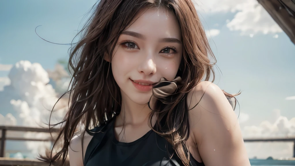 (8k, Highest quality, masterpiece:1.2), (Realistic, photo-Realistic:1.37), Very detailed, 1 girl,cute, alone,Beautifully detailed skies,date,(Red Nose),(smile:1.15),(Mouth closed) ,Beautiful details, (Long Hair:1.2),Floating Hair NovaFrogStyle, Upper Body, Tank top