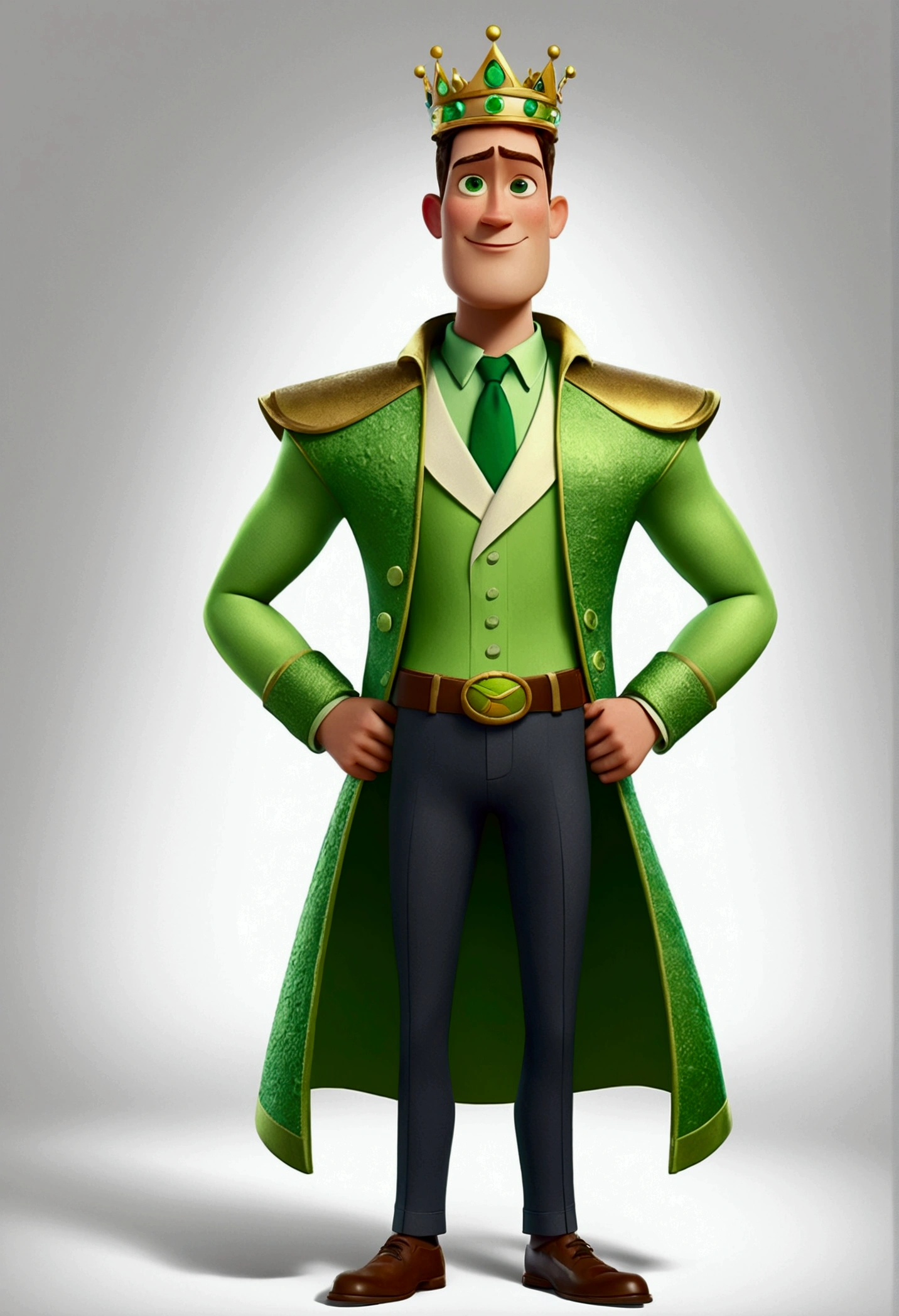 Fun movie style character , Disney Pixar , 3d , a tall, strong young man wearing a king-like outfit in avocado green , with emerald green eyes , proud face, avocado green skin