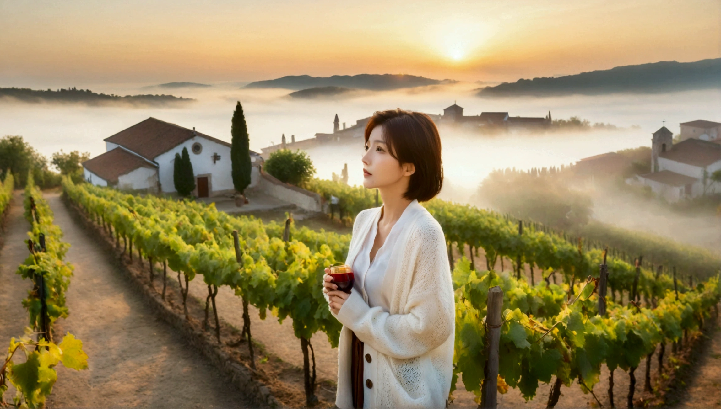 8k, 36 year old Korean woman, pretty like a model, Short hair, White shirt and short cardigan, early morning fog before sunrise, path, vineyard, monastery, italian countryside village, Vivid picture quality, Realistic perfect picture quality, dawn fog, Wide angle lens shot from afar, Vivid picture quality, Delicate and perfect picture quality