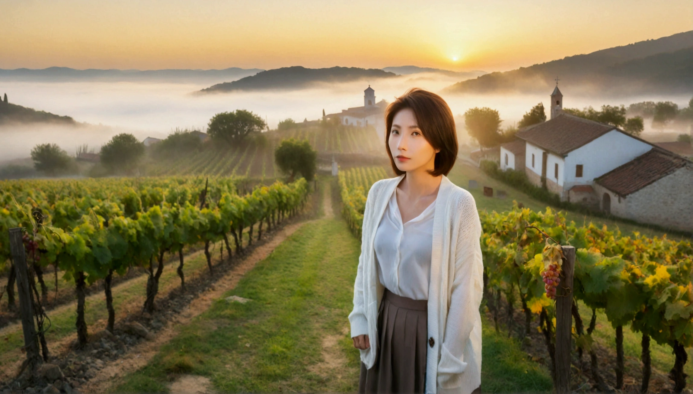 8k, 36 year old Korean woman, pretty like a model, Short hair, White shirt and short cardigan, early morning fog before sunrise, path, vineyard, monastery, italian countryside village, Vivid picture quality, Realistic perfect picture quality, dawn fog, Wide angle lens shot from afar, Vivid picture quality, Delicate and perfect picture quality