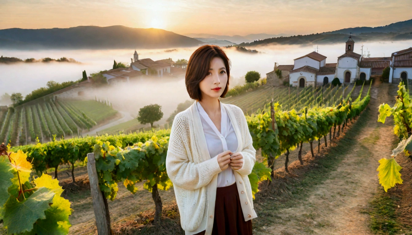 8k, 36 year old Korean woman, pretty like a model, Short hair, White shirt and short cardigan, early morning fog before sunrise, path, vineyard, monastery, italian countryside village, Vivid picture quality, Realistic perfect picture quality, dawn fog, Wide angle lens shot from afar, Vivid picture quality, Delicate and perfect picture quality