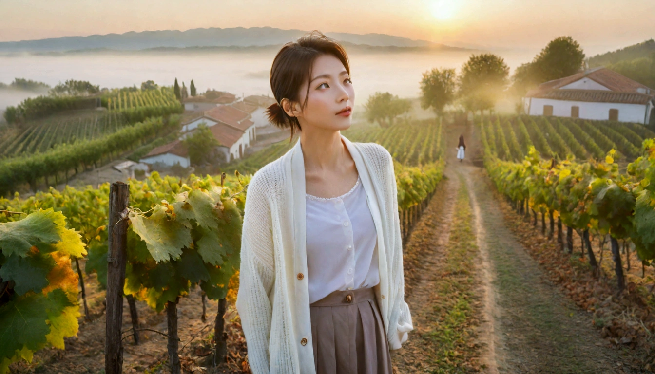 8k, 36 year old Korean woman, pretty like a model, Short hair, White shirt and short cardigan, early morning fog before sunrise, path, vineyard, monastery, italian countryside village, Vivid picture quality, Realistic perfect picture quality, dawn fog, Wide angle lens shot from afar, Vivid picture quality, Delicate and perfect picture quality