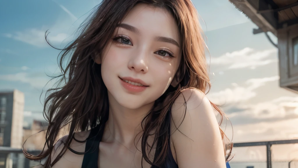 (8k, Highest quality, masterpiece:1.2), (Realistic, photo-Realistic:1.37), Very detailed, 1 girl,cute, alone,Beautifully detailed skies,date,(Red Nose),(smile:1.15),(Mouth closed) ,Beautiful details, (Long Hair:1.2),Floating Hair NovaFrogStyle, Upper Body, Tank top