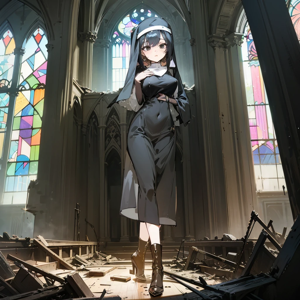 (solo), 1 skinny nun, (black sheer nun's robe), large breasts, stiletto heels, BREAK, black short hair, long sidelocks, black eyes, BREAK, short torso, skinny waist, skinny long legs, BREAK, old rotten church, devastated ruin, stained glass, BREAK, orgasm, coverd erectile nipples