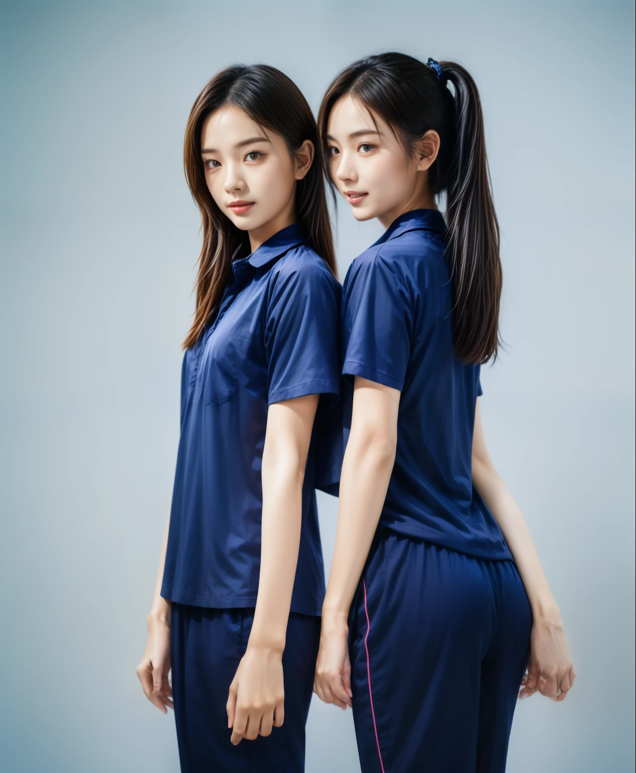 (best quality,10,10,height,Masterpiece:1.2),Special details,(realistic,ภาพrealistic,Realistic photos:1.37),1 Cute girl in the kitchen,shiny, ผิวshiny,only,smile softly,BDclothelue shirt:1.3)),short sleeve,shirt, กางเกงขาlong.,(navy_long_track pants:1.1), ((Kitchen Background)),Dynamic angle,excited,Face focus,dynamic poses,from behind,focus on ass,Masterpiece, best quality, ultra realistic, hyper detail, 8k resolution, raw photos, Sharp focus, ((Navy blue shirt:1.1)), short sleeve, เส้นทางlong, perfect body, 2 mature women, 18 years old, Cinema-grade lighting system,blue sweatpants,shirtผ้าออกกำลังกาย,correct anatomy,perfect body, correct body, Sharp face, correct bodyทางกายวิภาค, full body, realistic gestures, long-haired, realistic poses,Wear long shorts...........................,ช่วงขาlong,Good shape,carved girl, Slender figure, model, Good shape, beautiful body,blue sweatpants, two girls kissing