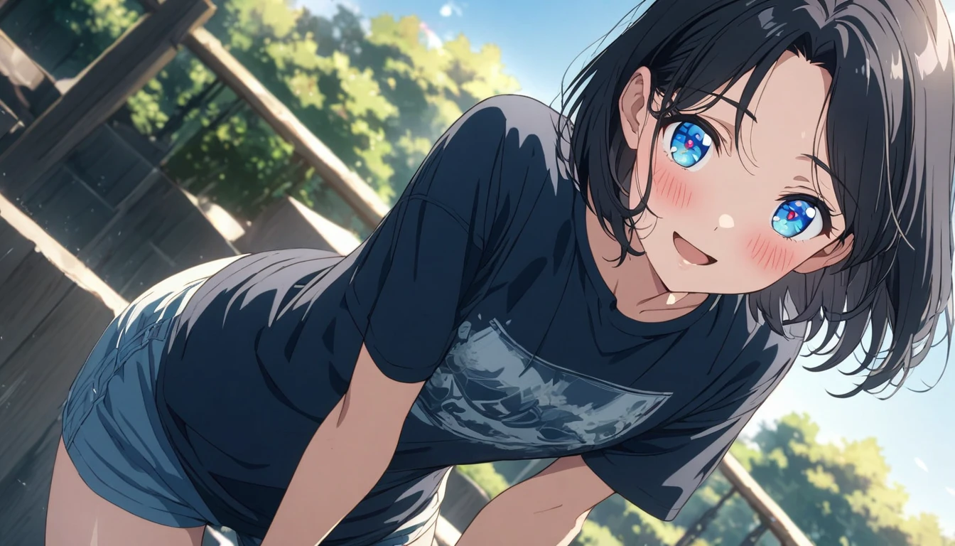 one Beautiful girl, solo, gentle smile on her face flat chest, short hair, black hair, blue eyes, (detailed eyes), Masterpiece、Anime Coloring、Ultra fine、、、One Girl、Open your mouth wide、Lower Angle、cowboy shot、looking at the camera、smile、blush、Watery eye、Parted bangs、DullTshirt、Leaning forward、garden、blue sky、sunny、