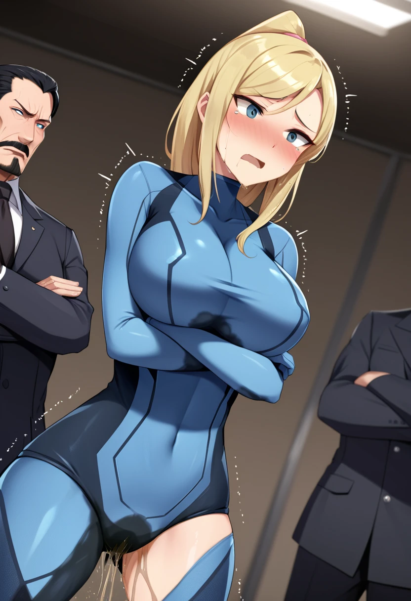 (high quality,Very detailed:1.37, High resolution), Woman, (mature:2.0), Samus Aran, Zero Suit, large breasts, (wetting herself:1.5), standing, (arms crossed:1.5), (embarrassed:1.5), (humiliation:1.5), (constricted pupils:1.5), (sweating:1.5), shaking, (trembling:1.5), (blushing:1.5), Meticulous details, (extremely detailed eys:1.37), space station, interior, science fiction, futuristic
