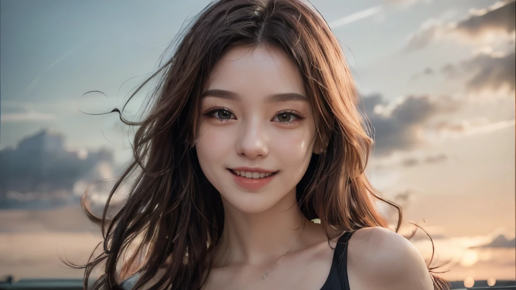 (8k, Highest quality, masterpiece:1.2), (Realistic, photo-Realistic:1.37), Very detailed, 1 girl,cute, alone,Beautifully detailed skies,date,(Red Nose),(smile:1.15),(Mouth closed) ,Beautiful details, (Long Hair:1.2),Floating Hair NovaFrogStyle, Upper Body, Tank top,Wink