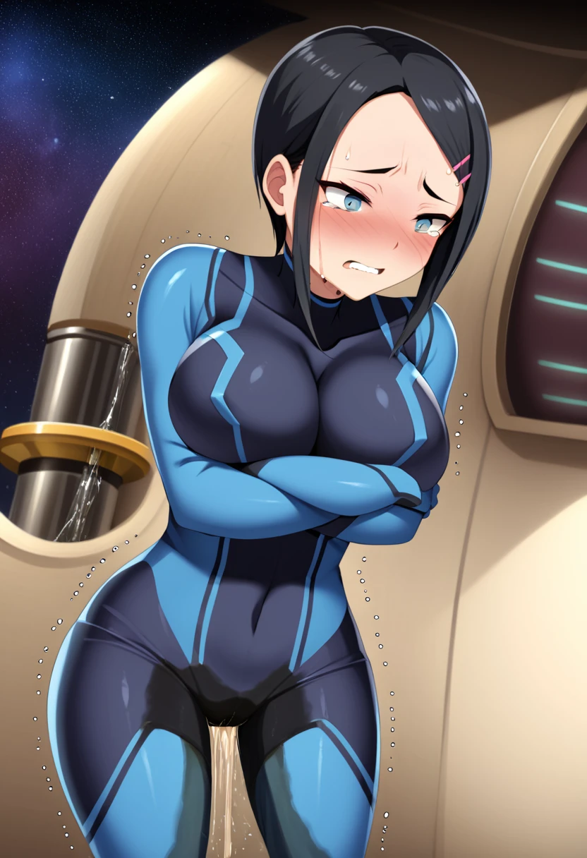 (high quality,Very detailed:1.37, High resolution), Woman, (mature:2.0), Samus Aran, Zero Suit, large breasts, (wetting herself:1.5), standing, (arms crossed:1.5), (embarrassed:1.5), (humiliation:1.5), (constricted pupils:1.5), (sweating:1.5), shaking, (trembling:1.5), (blushing:1.5), Meticulous details, (extremely detailed eys:1.37), space station, interior, science fiction, futuristic