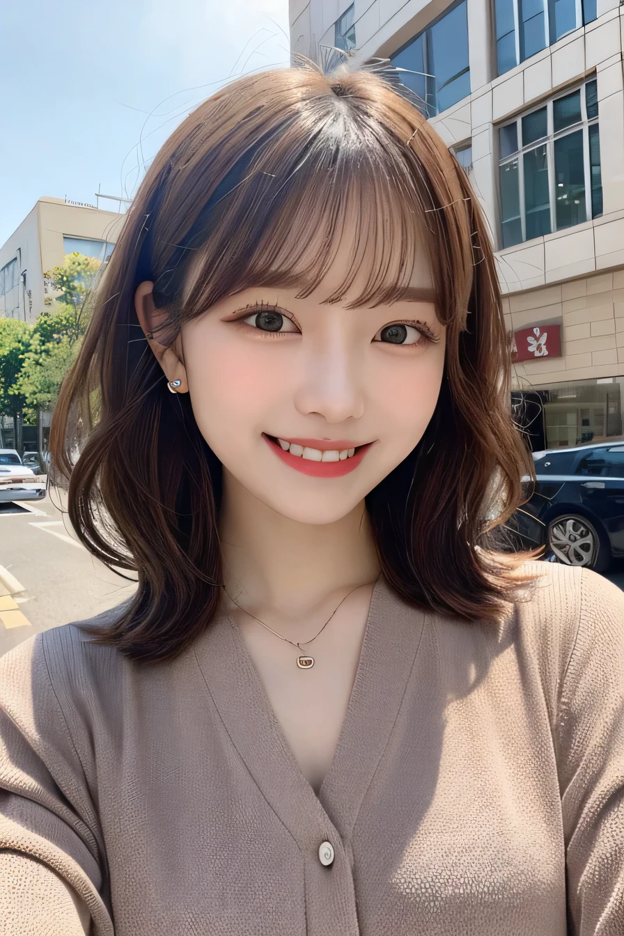 Highest quality, ,smile、Beautiful teeth alignment、Light brown hair、Short Haircut、Wavy Hair、hair band、Long sleeve blouse、ear piercing、necklace, ,、The background is the building's corridor.