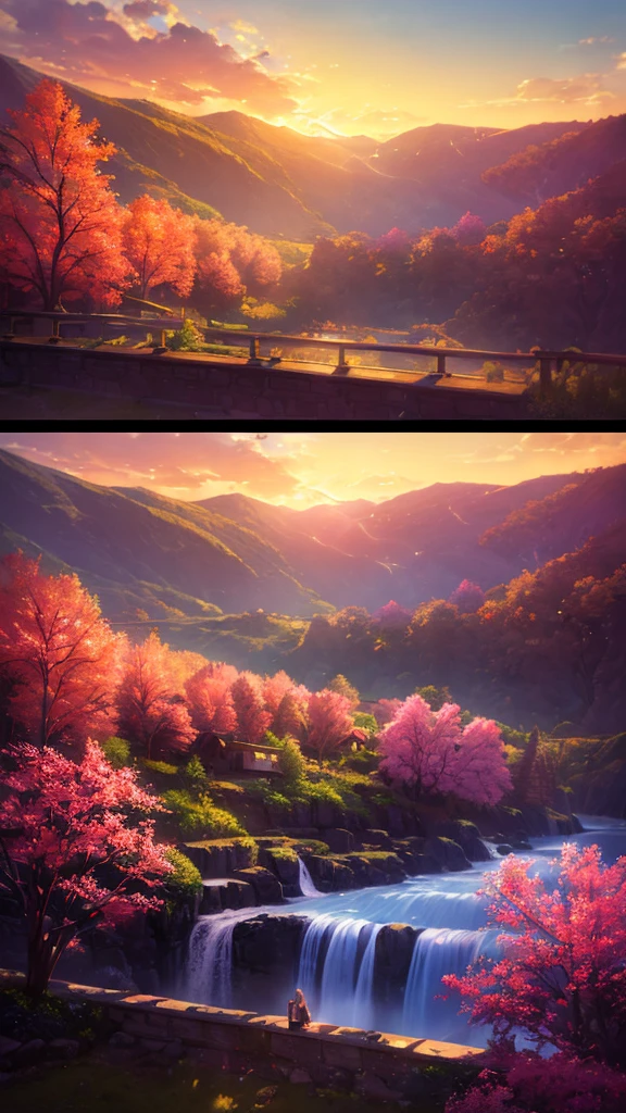 ChromaV5, nvinkpunk, analog style, a beautiful house on a beautiful mountain full of hyper-detailed spring pink trees, with beautiful and realistic waterfalls in the background, with beautiful and spectacular sunset, conceptual artwork, Art by Greg Rutkowski and Albert Bierstadt, trends at artstation, oil painting, octane rendering, cinematic