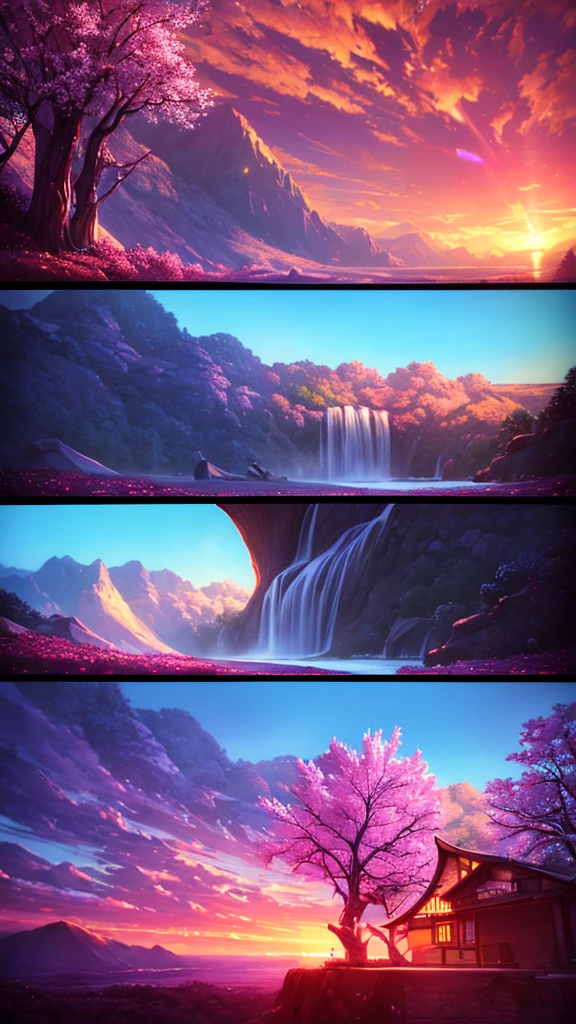 ChromaV5, nvinkpunk, analog style, a beautiful house on a beautiful mountain full of hyper-detailed spring pink trees, with beautiful and realistic waterfalls in the background, with beautiful and spectacular sunset, conceptual artwork, Art by Greg Rutkowski and Albert Bierstadt, trends at artstation, oil painting, octane rendering, cinematic