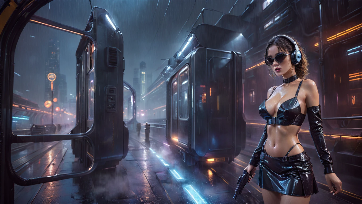 (((aerial view))), Blade Runner style futuristic railway platform, hi-tech train, neon lights, rainy night. (1girl, solo, alone), large-breast:1.2 slim body, cleavage:1.1, sexy wind blowing wet dress:1.4, headphone, (black sunglasses), (((she raised a pistol:1.8 and shot:1.8 the viewer))), dynamic pose, (((half-body thigh level medium shot))), cinematic lighting, lens flare, ray tracing, blurred:1.4 background.