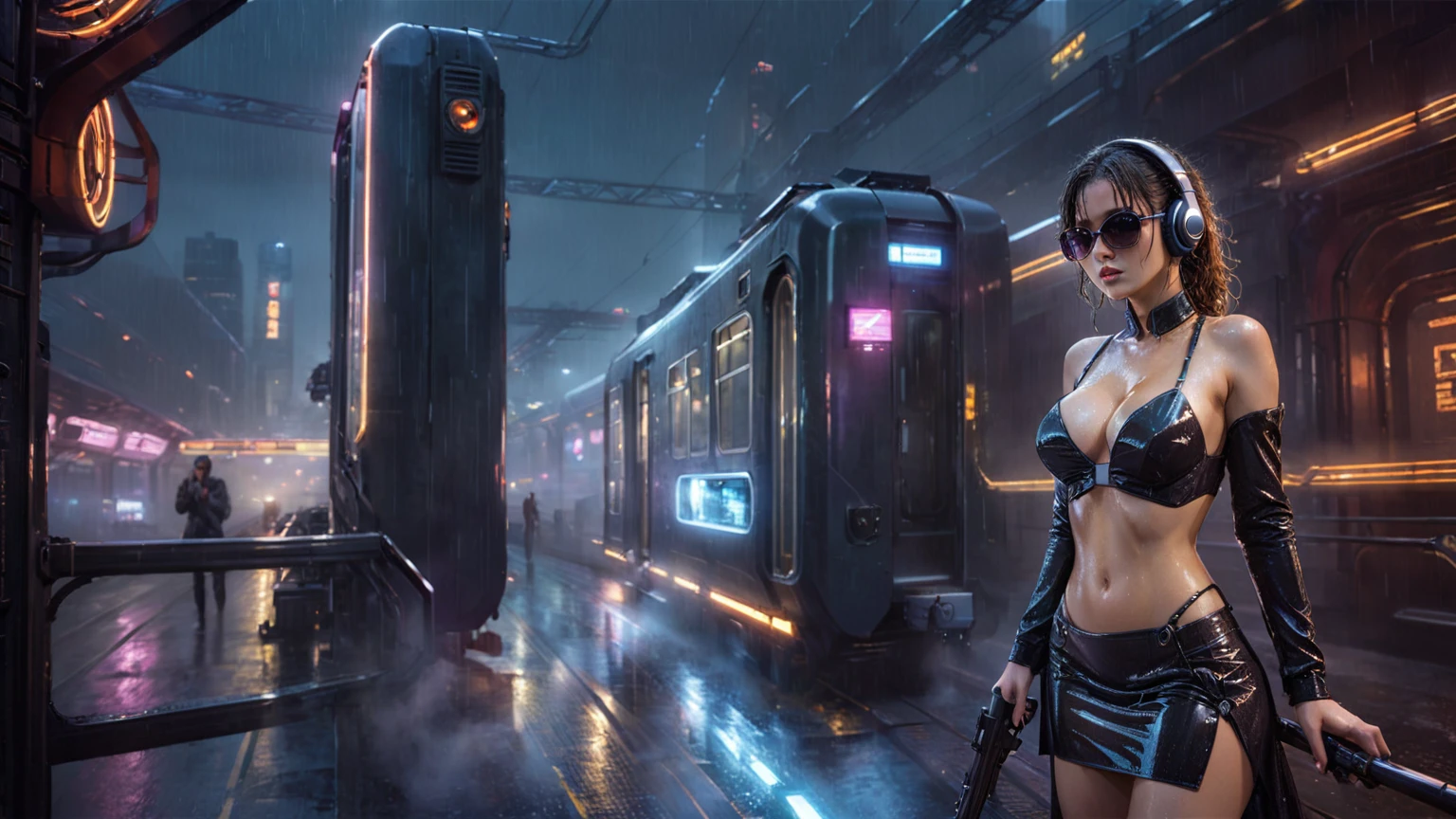 (((aerial view))), Blade Runner style futuristic railway platform, hi-tech train, neon lights, rainy night. (1girl, solo, alone), large-breast:1.2 slim body, cleavage:1.1, sexy wind blowing wet dress:1.4, headphone, (black sunglasses), (((she raised a pistol:1.8 and shot:1.8 the viewer))), dynamic pose, (((half-body thigh level medium shot))), cinematic lighting, lens flare, ray tracing, blurred:1.4 background.