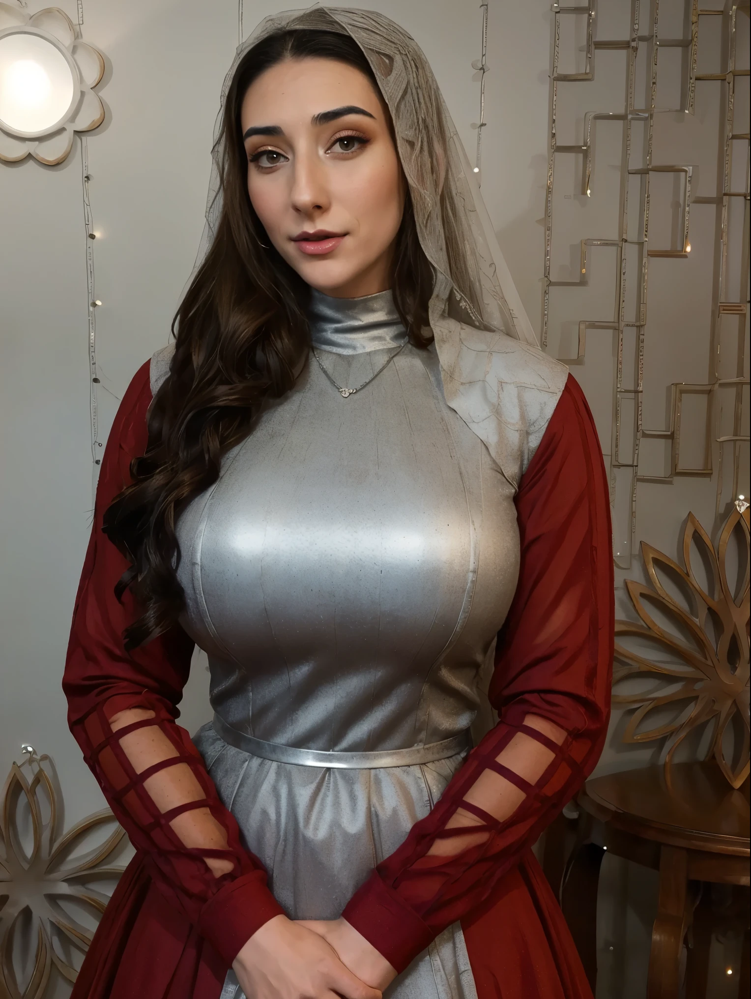 Gorgeous and sultry athletic (thin) brunette queen with sharp facial features wearing a modest updo, dark red medieval dress, long sleeves, intricate patterns, scrollwork, wide neck, crown, veil, long dress, modest dress, tight bodice, (silver waist chain), medieval jewelry, Middle Ages, castle, rampart, wall, stained glass