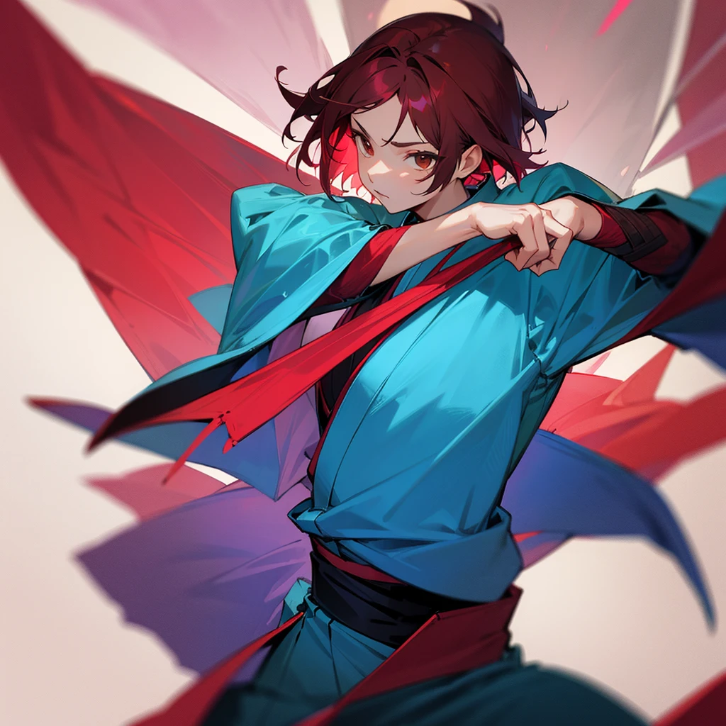 A beautiful fighter (shorth hair) (Brown eyes) (maroon hair) and with a blue kimono in a really cool pose