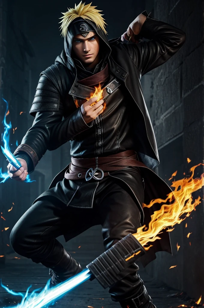 Naruto fused with Johnny Blaze, Zarathos bearer and Ezio Auditore style, He would have blonde hair with flaming tips and bright blue eyes.. His skin would be pale with dark marks like flames. I would wear a black loose leather jacket, dark pants and sturdy black boots. He would wear a white hood that partially covers his face., with a Konoha band instead of the original engraving, but with an Omega symbol that covers his eyes, projecting an image of revenge and mystery.