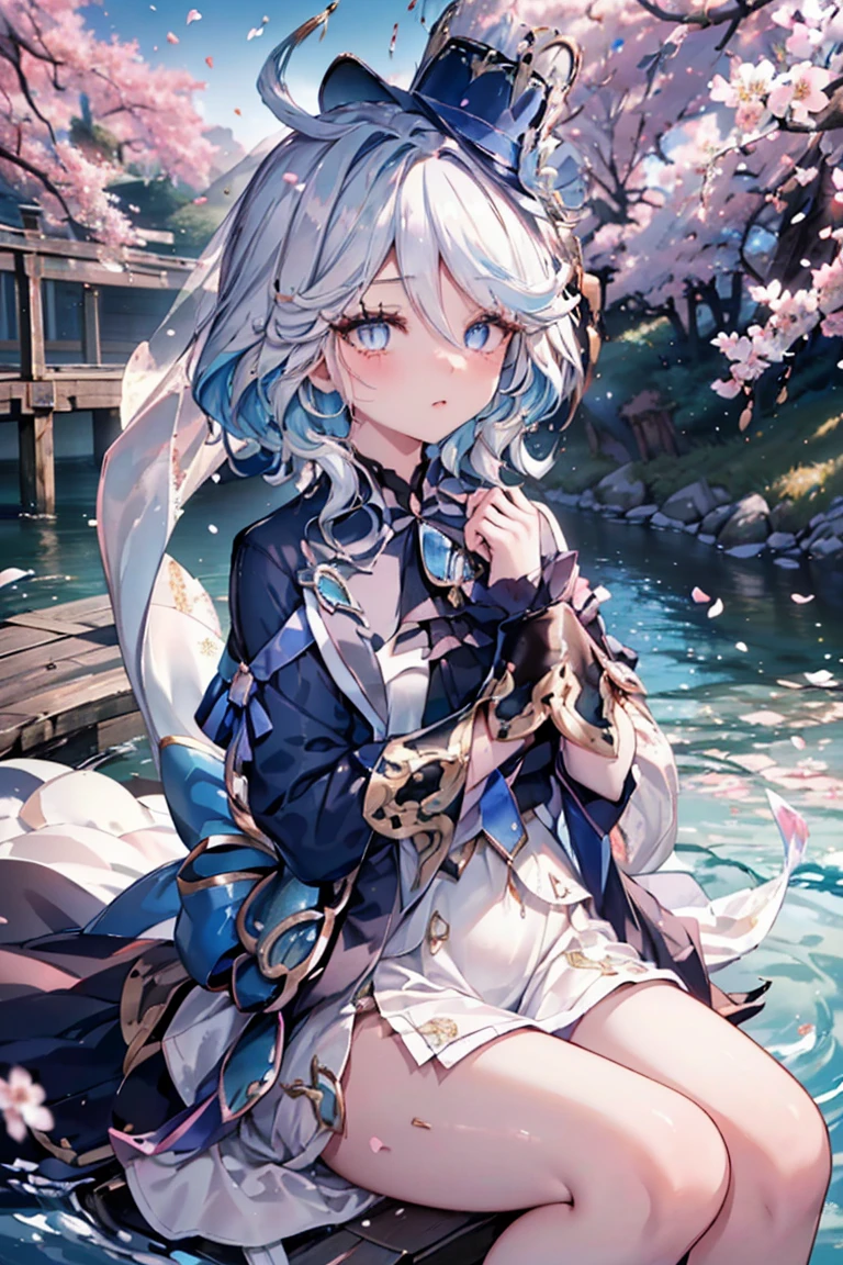 masterpiece, best quality, Very detailed, shiny, Glowing lights, Ray Tracing, HDR, Depth of Field, (Perfect face, Delicate face, Exquisite eyes,Perfect hands),8K,HD,Surreal faces,Ray Tracing,Perfect lighting,((The quality of wearing a white wedding dress, Very detailed, Shining eyes, (Looking at the audience,Open嘴微笑:1.1), ((1 girl)), thigh,Throw, Forrina,Long hair,Hair covers one eye,((Gradient hair)),Colored eyes, Gradient eyes, (Glowing eyes:1.5), mascara, (Fashion Makeup), Open,blush,Hat Flower, ((Central Japan countryside,日本bridge,bridge,river,Cherry tree,Cherry blossom petals,Deep blue sky,Koi on river)),(Complex background, There are many elements in the background:1.2),((Very detailed的背景)), posture, ((8K wallpaper)),Slightly fat,Big belly