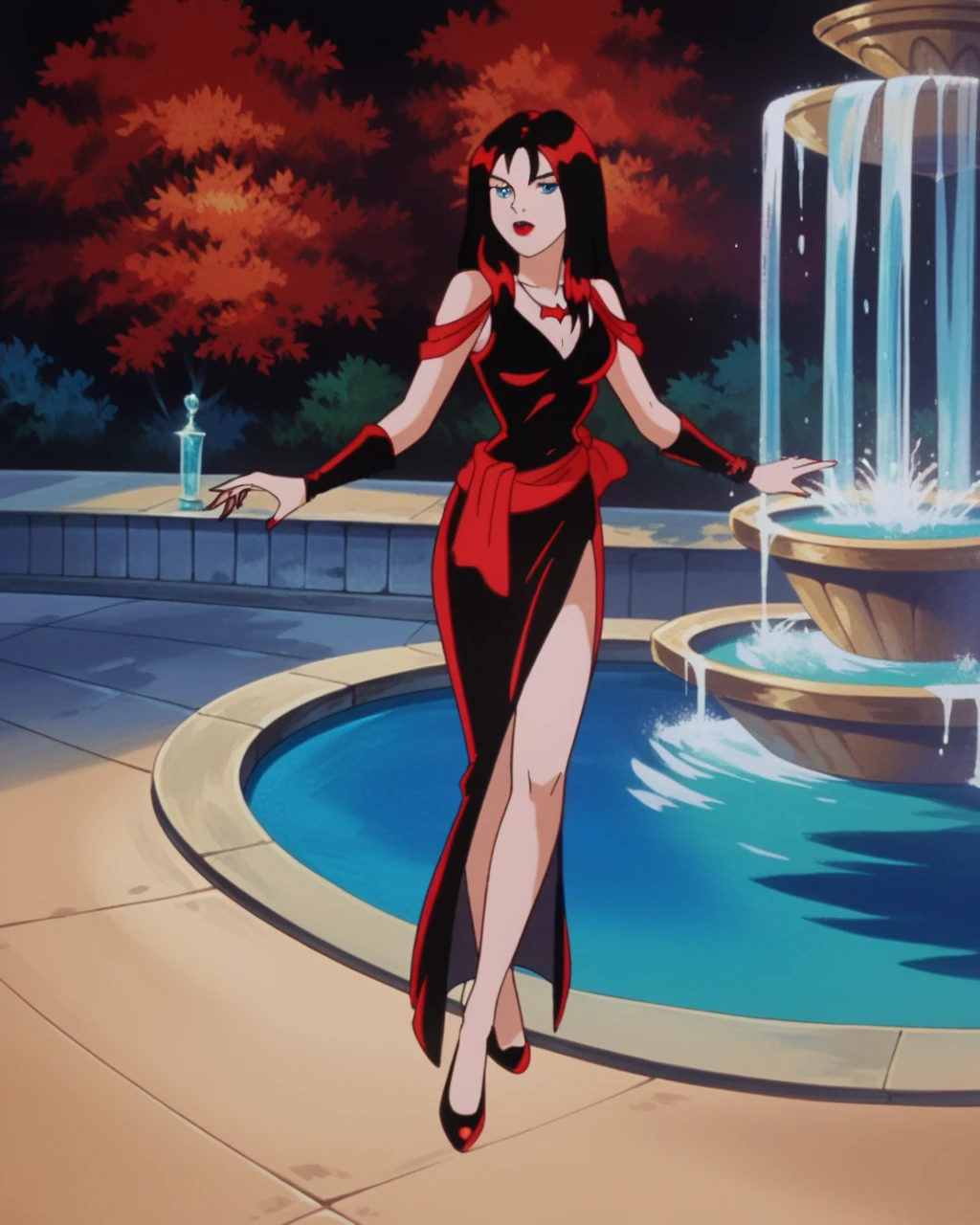 Thornhex, Bblack hair, red highlights , ssmile, SD90 Style, retro art style, fountain_animated cartoon, 2d, 1 girl, red nails, blue colored eyes, Red lips, black gown, marking, standing alone, looking ahead at viewer, Breasts huge, neckleace, ((whole body)), coxas nuas, curves, nice legs, 正面, pose, best qualityer, no flaws, long hair, lipstick