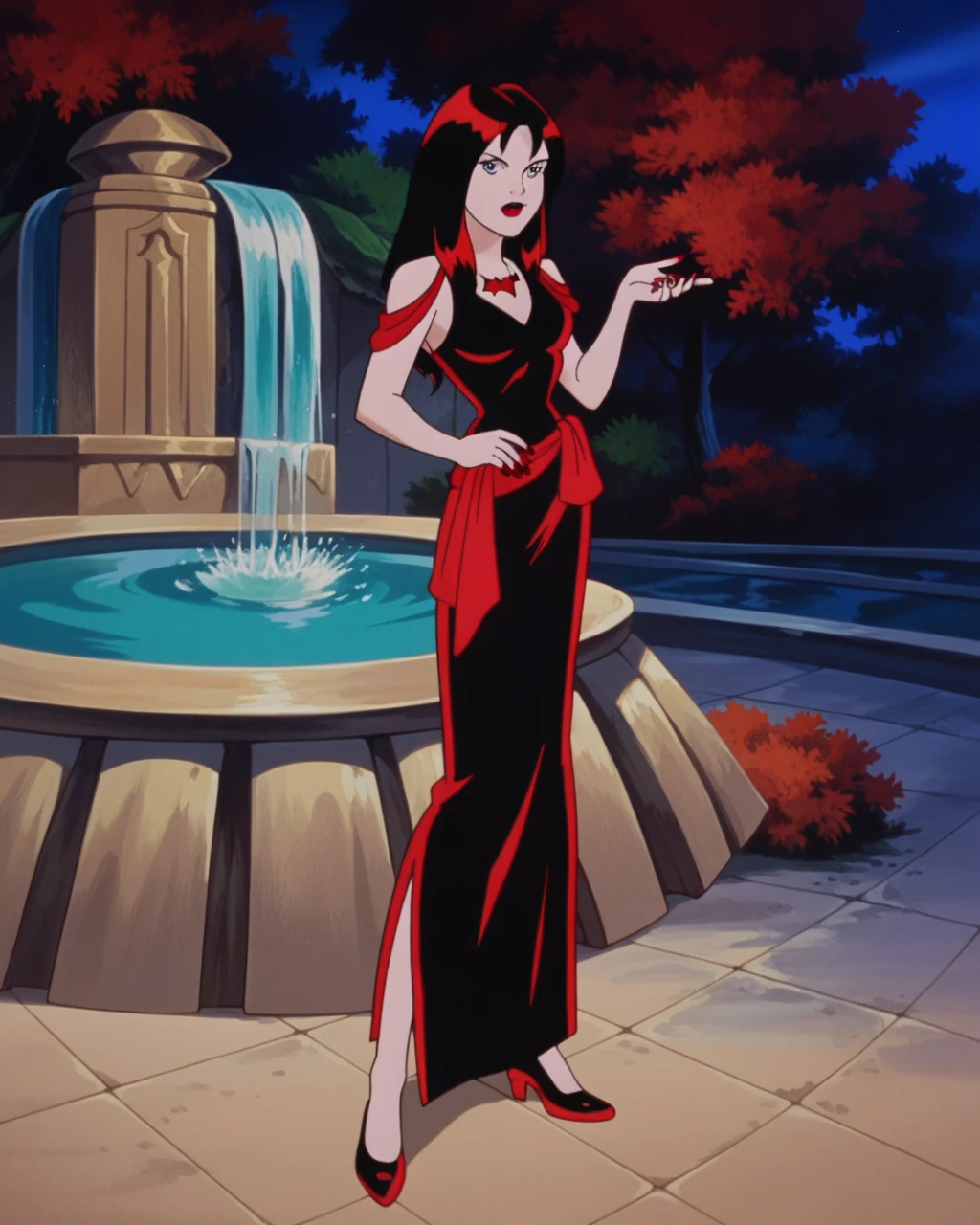 Thornhex, Bblack hair, red highlights , ssmile, SD90 Style, retro art style, fountain_animated cartoon, 2d, 1 girl, red nails, blue colored eyes, Red lips, black gown, marking, standing alone, looking ahead at viewer, Breasts huge, neckleace, ((whole body)), coxas nuas, curves, nice legs, 正面, pose, best qualityer, no flaws, long hair, lipstick