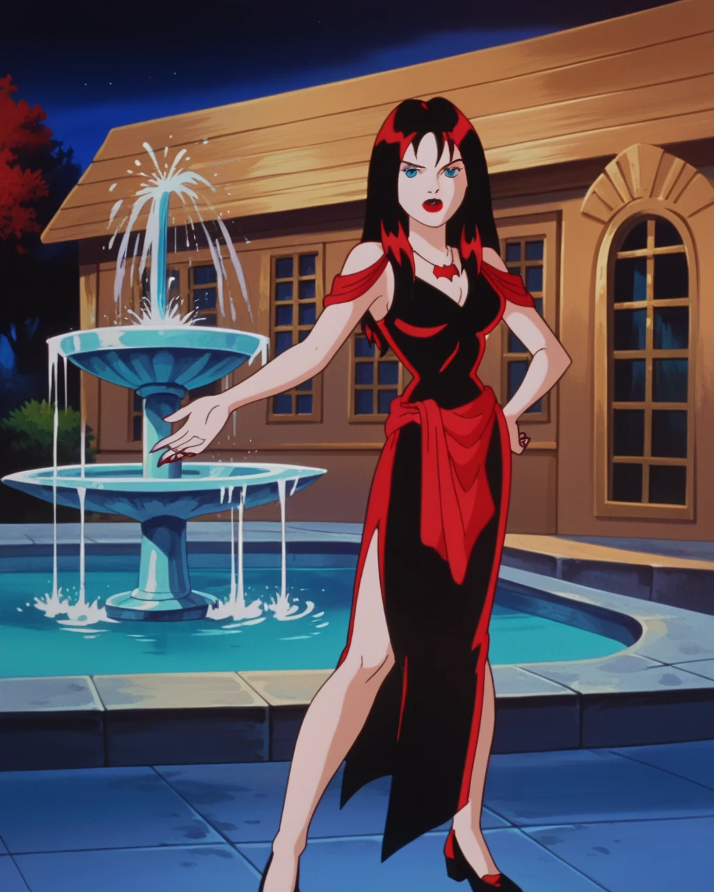 Thornhex, Bblack hair, red highlights , ssmile, SD90 Style, retro art style, fountain_animated cartoon, 2d, 1 girl, red nails, blue colored eyes, Red lips, black gown, marking, standing alone, looking ahead at viewer, Breasts huge, neckleace, ((whole body)), coxas nuas, curves, nice legs, 正面, pose, best qualityer, no flaws, long hair, lipstick