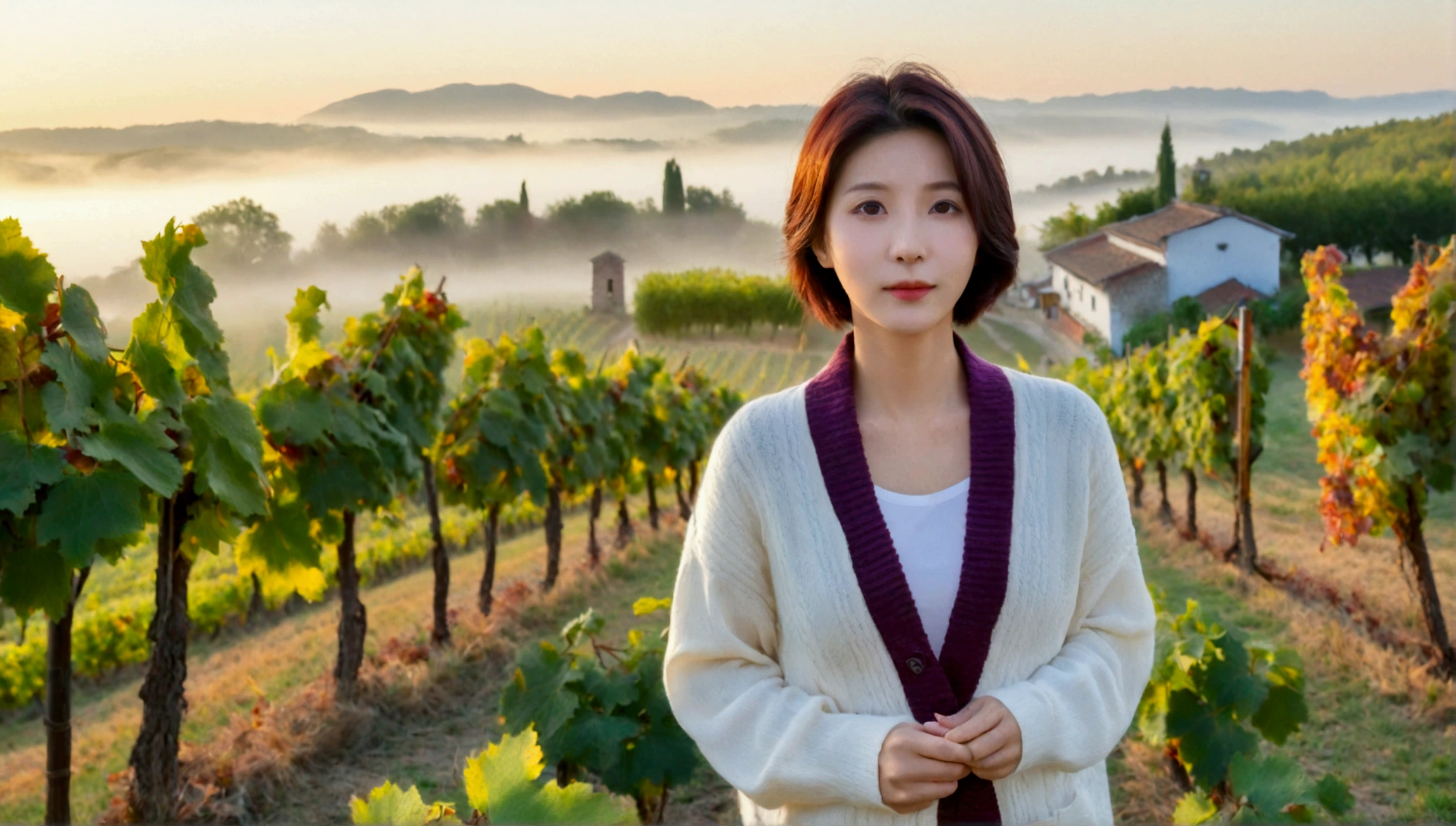 8k, 36 year old Korean woman, pretty like a model, Short hair, White shirt and short cardigan, early morning fog before sunrise, path, vineyard, monastery, italian countryside village, Vivid picture quality, Realistic perfect picture quality, dawn fog, Wide angle lens shot from afar, Vivid picture quality, Delicate and perfect picture quality, vivid grape leaves. 