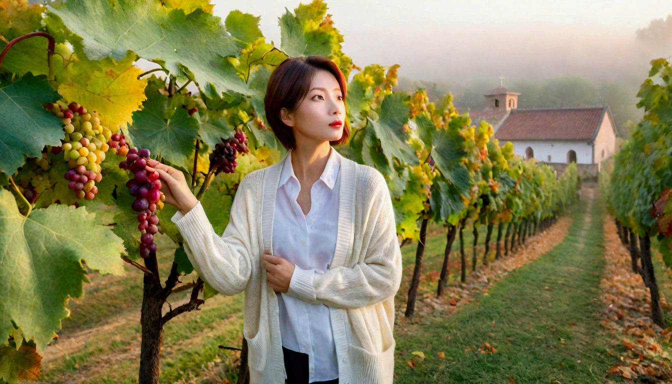 8k, 36 year old Korean woman, pretty like a model, Short hair, White shirt and short cardigan, early morning fog before sunrise, path, vineyard, monastery, italian countryside village, Vivid picture quality, Realistic perfect picture quality, dawn fog, Wide angle lens shot from afar, Vivid picture quality, Delicate and perfect picture quality, vivid grape leaves. 