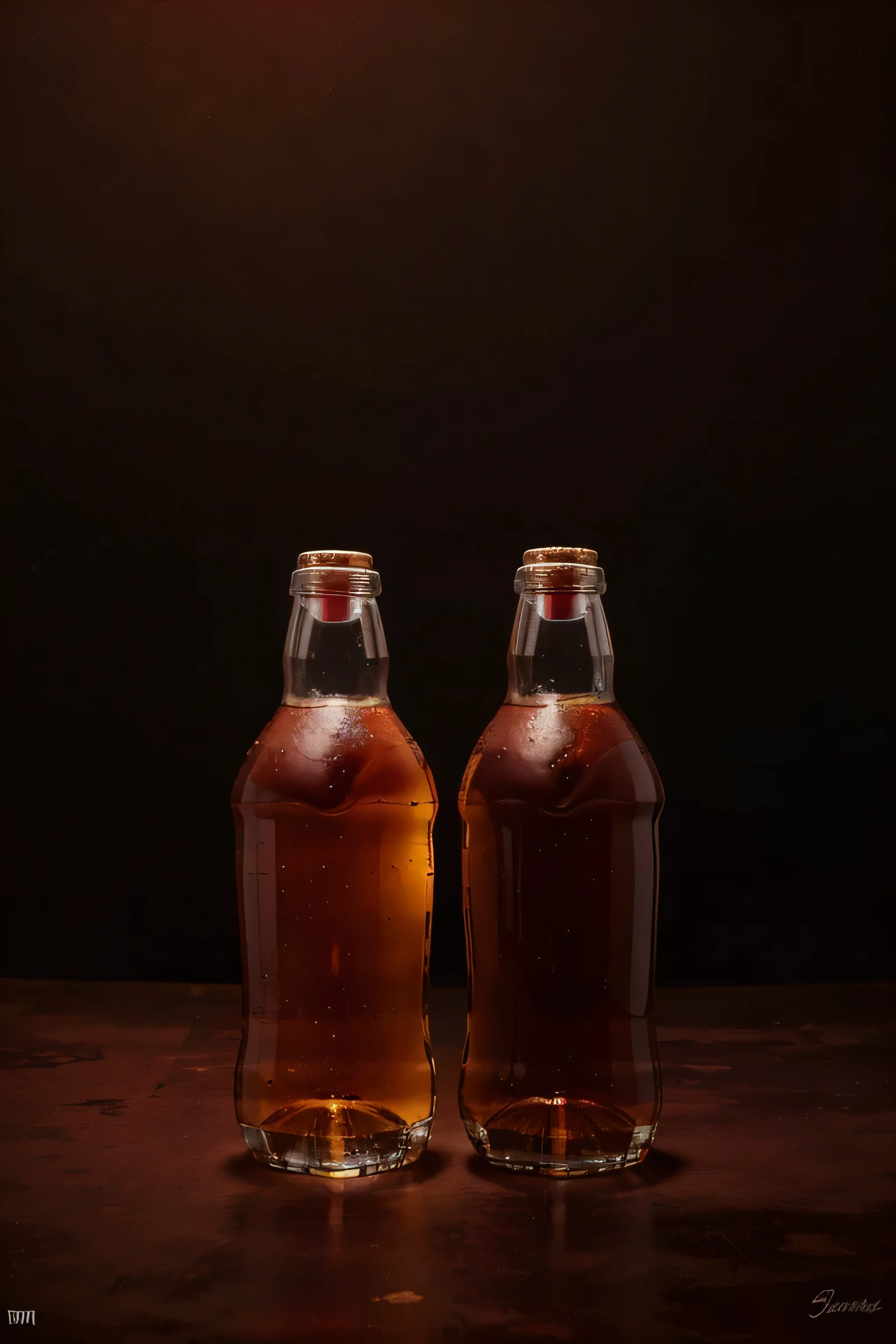two bottles, one of rum and one of soda with clean, wide garnet red background, impressive dramatic