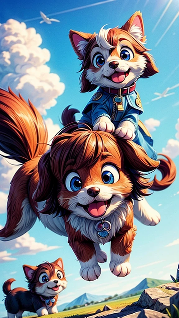 a cute puppy flying in the sky with a cute girl, extremely detailed fur,  puppy, cute dog, beautiful detailed eyes,beautiful detailed nose,beautiful detailed mouth,fluffy,soft,playful,happy expression,dynamic movement,blue sky,clouds,sunlight,warm color tone,cinematic lighting,photorealistic,8k,detailed description,masterpiece,digital art