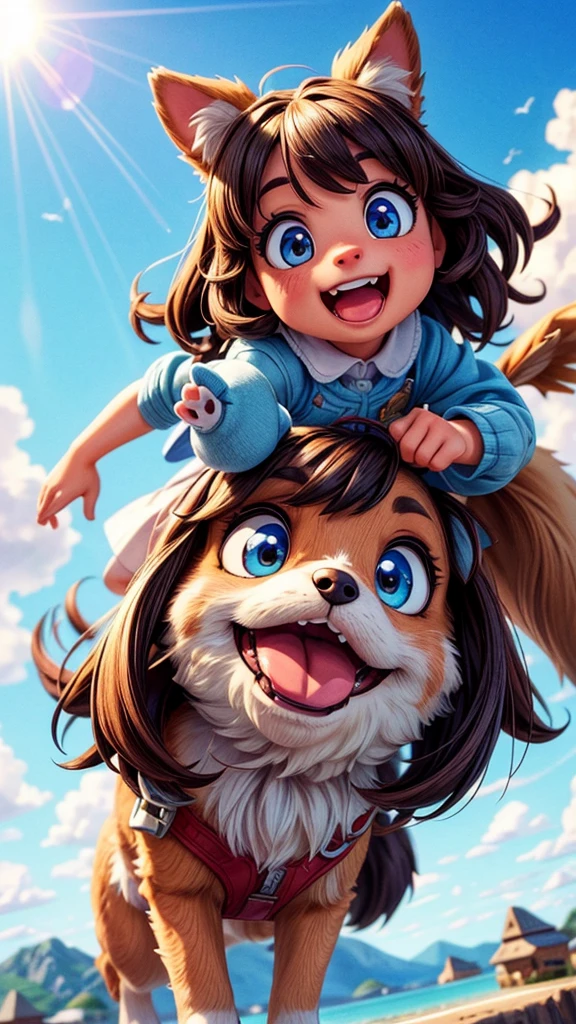 a cute puppy flying in the sky with a cute girl, extremely detailed fur,  puppy, cute dog, beautiful detailed eyes,beautiful detailed nose,beautiful detailed mouth,fluffy,soft,playful,happy expression,dynamic movement,blue sky,clouds,sunlight,warm color tone,cinematic lighting,photorealistic,8k,detailed description,masterpiece,digital art