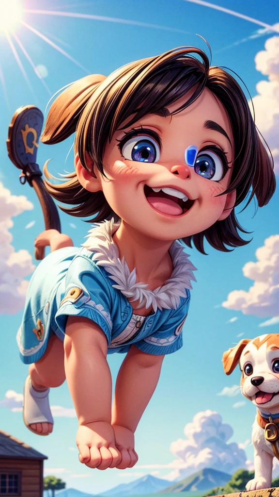 a cute puppy flying in the sky with a cute girl, extremely detailed fur, puppy, cute dog, beautiful detailed eyes,beautiful detailed nose,beautiful detailed mouth,fluffy,soft,playful,happy expression,dynamic movement,blue sky,clouds,sunlight,warm color tone,cinematic lighting,photorealistic,8k,detailed description,masterpiece,digital art