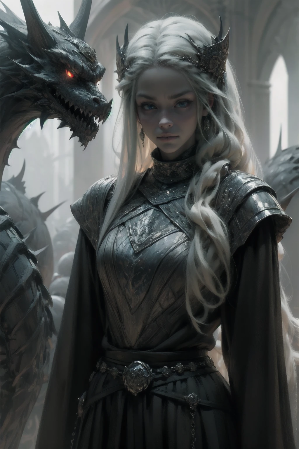 {-erro_de_anatomia:1.0} woman 30 years old, north,viking clothes, (nordic dress), dark castle, a woman (baela targaryen), black woman, (black skin) very long white curly hair (white hair), (blue eyes) . Indifferent look , merciless. among the dragons, dinamic poses, egoist smile, upper body, angry face, 