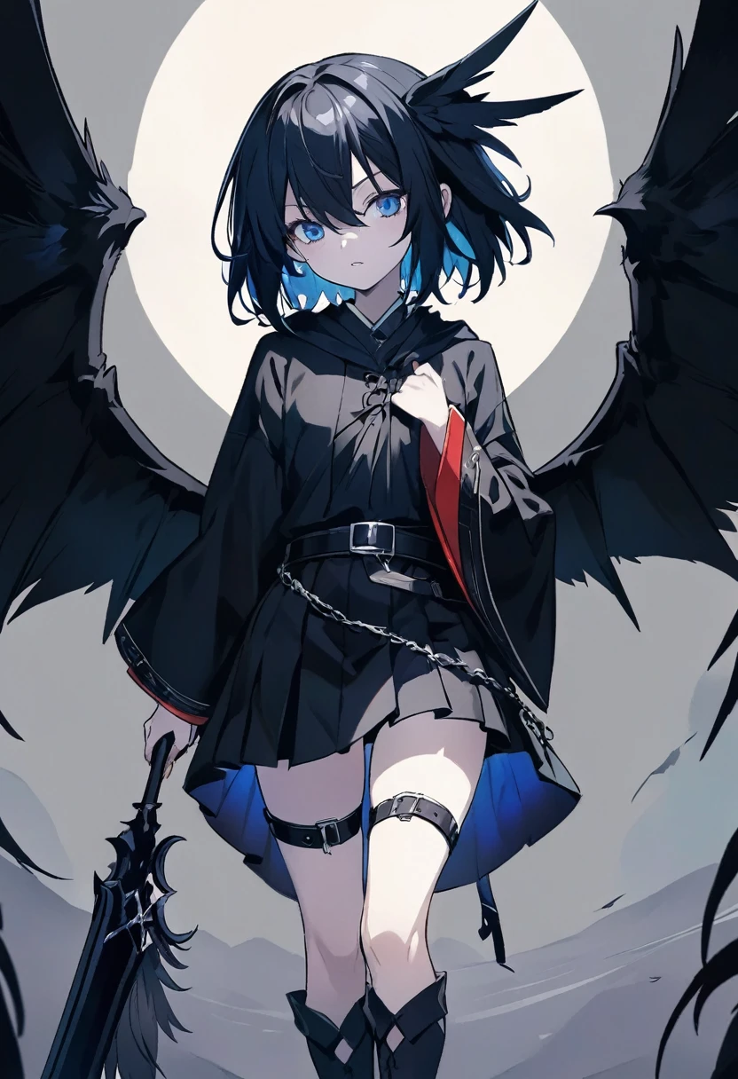 Black Hair　the inside of the hair is blue　Young Crow Harpy　Blue Eyes　Gothic　Black Costume　Belt on torso　(TV anime image format)　(TV anime screenshots)