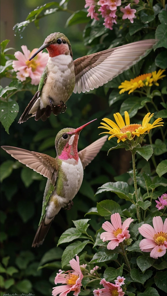 hummingbird,in beautiful, very colorful flowers, It just rained and the hummingbird is feeding