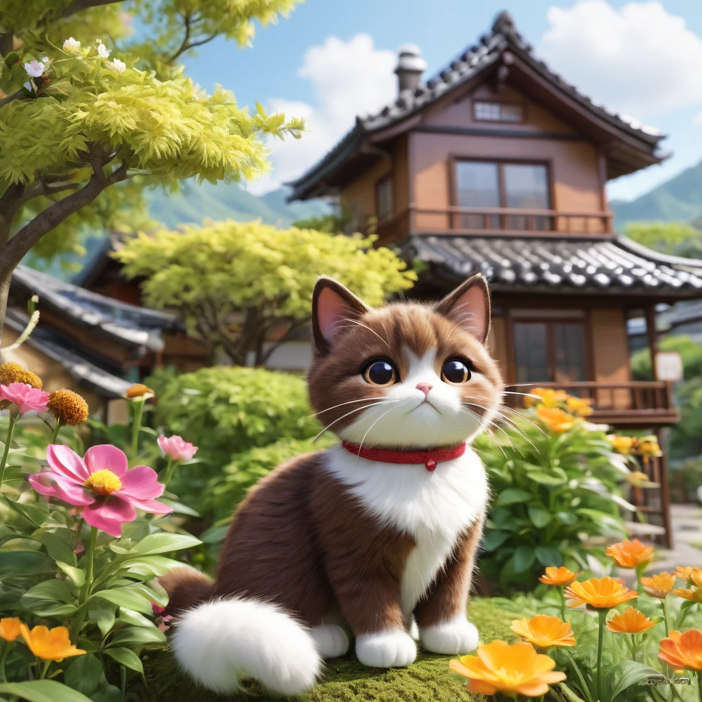These scenes are depicted in a highly realistic style.、Make sure the cat&#39;s facial expressions and movements are exaggerated like a human&#39;s。

The main character is a brown cat with cute, chubby eyes. The main character is one who never changes. He sits in front of a small house on the edge of a lush village.、Mimi is a cute brown cat with big chubby eyes。Flowers around々blooms、wood々is swaying in the wind。Mimi has a curious look on her face.、A sense of adventure。