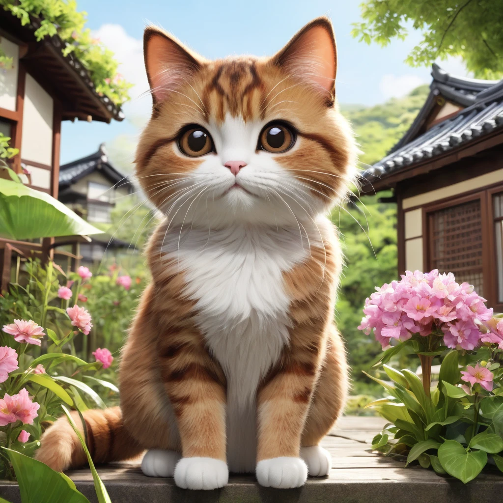 These scenes are depicted in a highly realistic style.、Make sure the cat's facial expressions and movements are exaggerated like a human's。
The main character is a brown cat with cute, chubby eyes. The main character is one who never changes. He sits in front of a small house on the edge of a lush village.、Mimi is a cute brown cat with big chubby eyes。Flowers around々blooms、wood々is swaying in the wind。Mimi has a curious look on her face.、A sense of adventure。