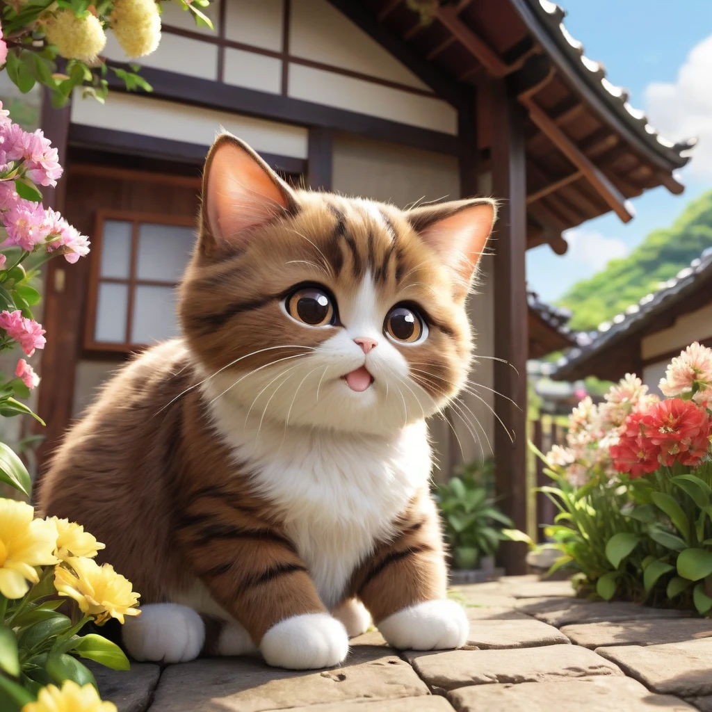 These scenes are depicted in a highly realistic style.、Make sure the cat's facial expressions and movements are exaggerated like a human's。
The main character is a brown cat with cute, chubby eyes. The main character is one who never changes. He sits in front of a small house on the edge of a lush village.、Mimi is a cute brown cat with big chubby eyes。Flowers around々blooms、wood々is swaying in the wind。Mimi has a curious look on her face.、A sense of adventure。