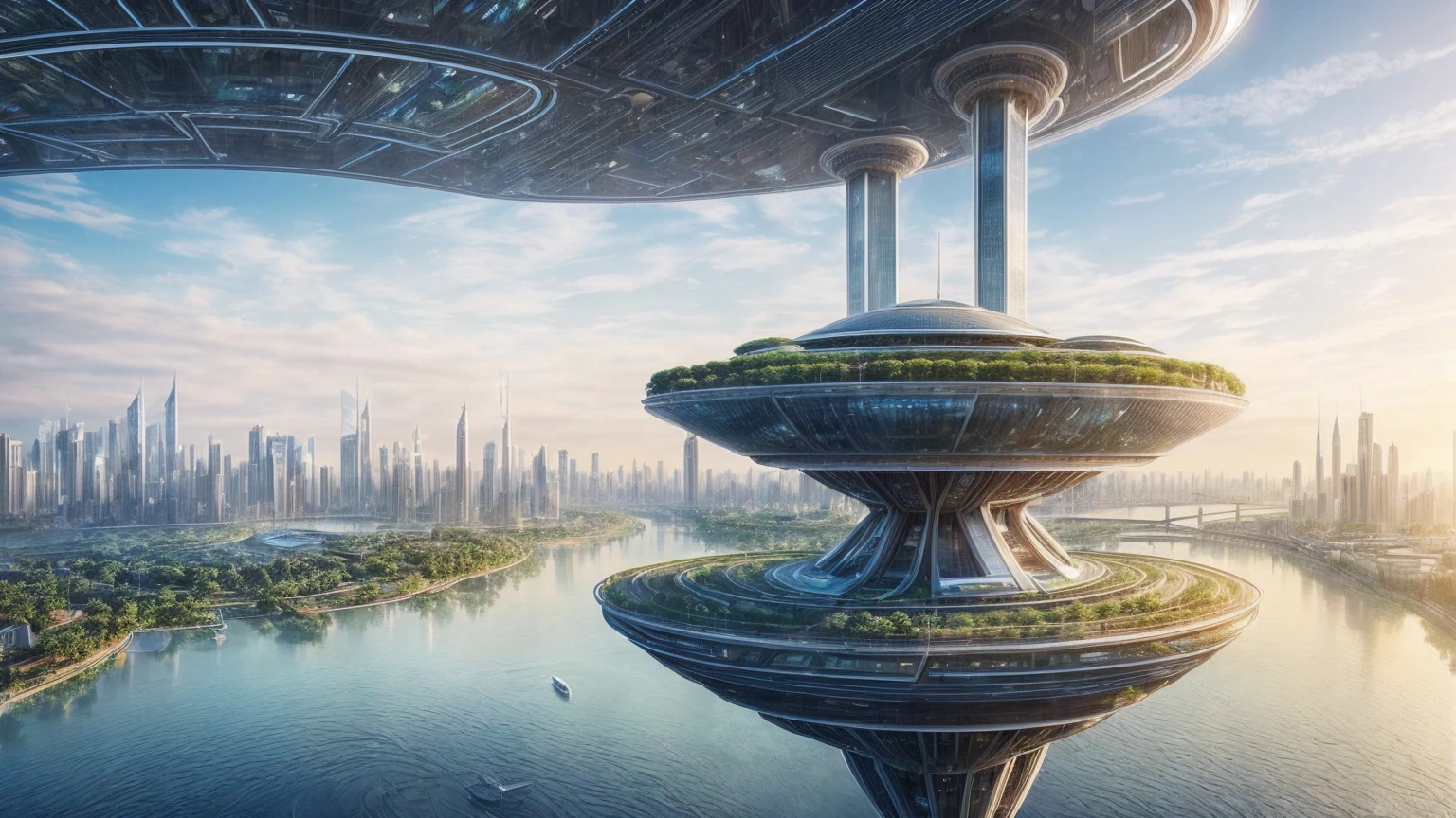 (Best quality,4K,8K,A high resolution,Masterpiece:1.2),Ultra-detailed,(Realistic,Photorealistic,photo-realistic:1.37),Futuristic floating city,Futuristic technology,Huge urban high-tech tablet platform,Airship,Floating in the sky,Futuristic city,Small airships around,High-tech hemispherical platform,Colorful lights,Advanced architecture,modernn architecture,skyscrapper,Access the cloud,Scenic beauty,view over city,Impressive design,Blend seamlessly with nature,energetic and vibrant atmosphere,Futuristic transportation system,Parking is suspended,Transparent path,Lush greenery,Sky gardens,cascading waterfalls,Magnificent skyline,reflections on the water,Sparkling river,Architectural innovation,futuristic skyscrapers,Transparent dome,The shape of the building is unusual,Elevated walkway,Impressive skyline,Glowing lights,Futuristic technology,Minimalist design,Scenic spots,Panoramic view,Cloud Piercing Tower,Vibrant colors,epic sunrise,epic sunset,Dazzling light display,magical ambiance,The future city,Urban Utopia,LuxuryLifestyle,Innovative energy,sustainable development,Smart city technology,Advanced infrastructure,Tranquil atmosphere,Nature and technology live in harmony,Awesome cityscape,Unprecedented urban planning,Architecture connects seamlessly with nature,High-tech metropolis,A cutting-edge engineering marvel,The future of urban living,Visionary architectural concept,Energy-efficient buildings,Harmony with the environment,A city floating above the clouds,Utopian dreams become reality,The possibilities are endless,State-of-the-art transportation network,Green energy integration,Innovative materials,Impressive holographic display,Advanced communication system,Breathtaking aerial view,Quiet and peaceful environment,Modernist aesthetics,Ethereal beauty