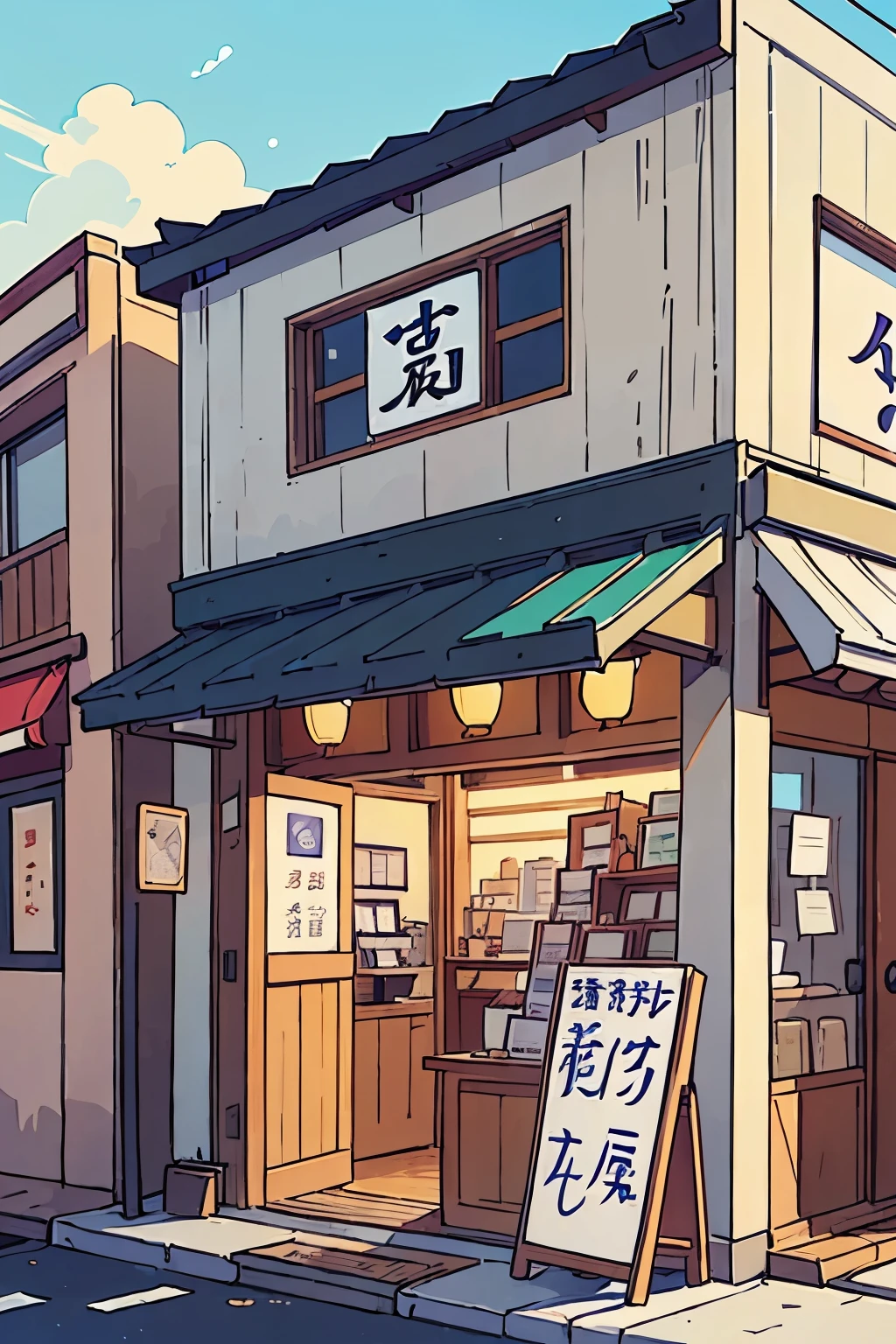 (best quality: 0.8) perfect anime illustration, Japanese town, advertising sign outside a small town shop