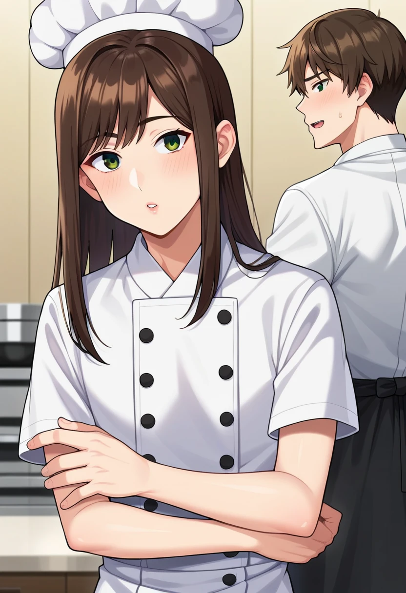 NSFW,(((1girl,1boy,fellatio))),Highest quality, (masterpiece:1.2), Very detailed,
indoor, Bookshelf,
takasago tomoe,
, Looking at the audience, Open your mouth, smile,
Black Hair, Long Hair, blue eyes,
Black shorts, Collared shirt, Short sleeve, Green Shirt, Striped, Brown apron,white lace panties,