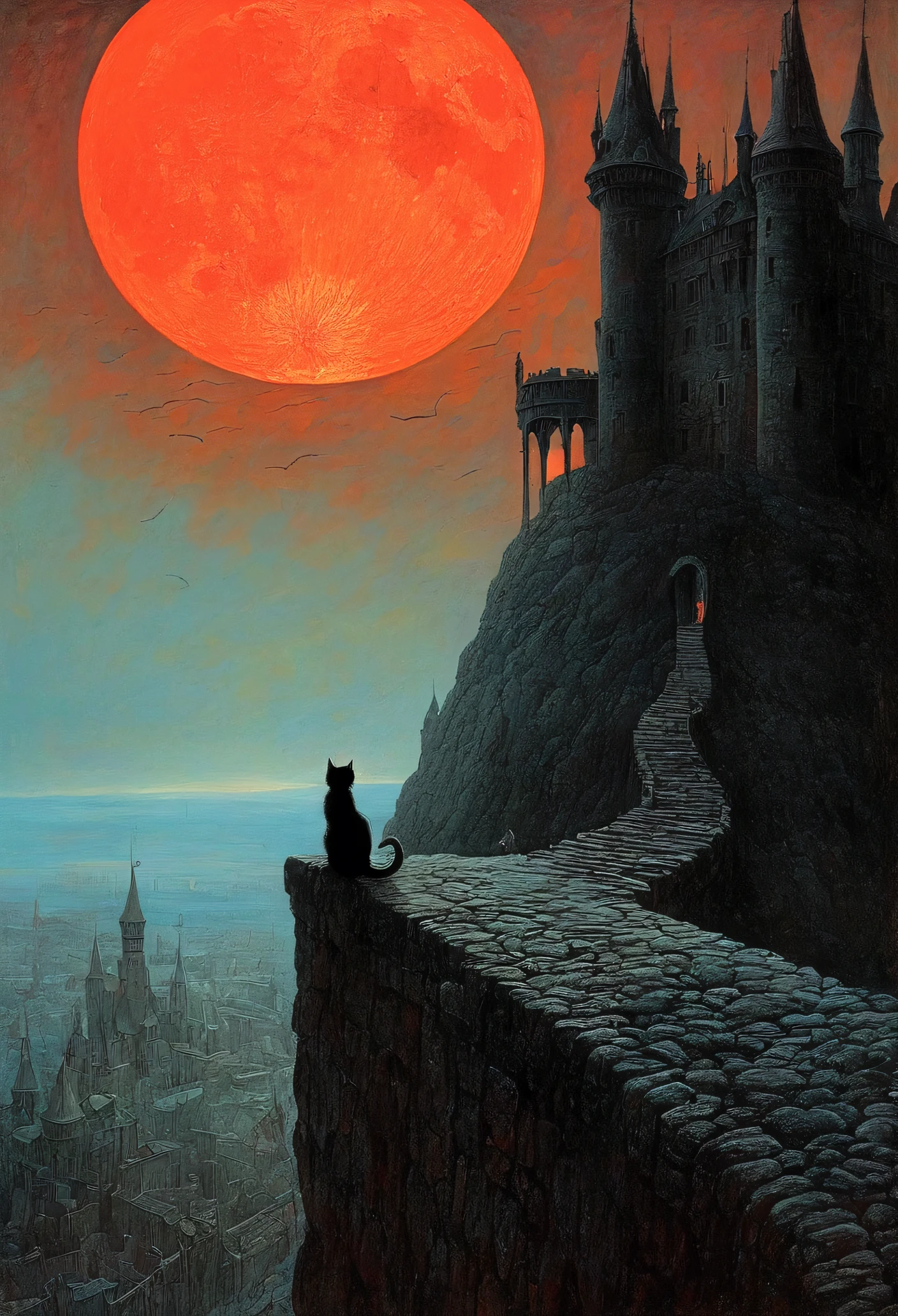 black cat, author：Zdzislaw Beksiński、Big Eye in the Sky、Red Moon、girl、Huge castle