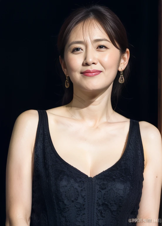 masterpiece,best quality, (1 milf), ((portrait:1.5)), ((look down, looking at the viewer)), makeup, elegant black underwear, a bit chubby, touch own chest, armpit, ((seduction expression)),