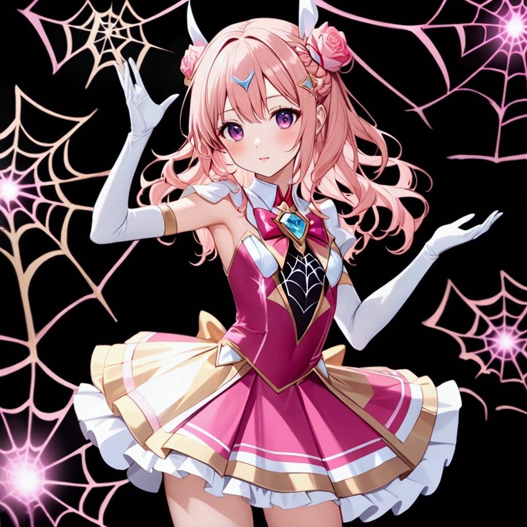 Anime-style girl with (((deep magenta eyes and long, wavy pink hair))) ((styled in an elegant French braid)). (((She is slender, and , with small breasts))). wearing a (((pink, gold, and rose gold color magical girl-themed outfit.))) ((The outfit features a spider and spider web theme.)) The overall look is regal and ethereal, with magical glowing effects. cutesexy, , a hyperrealistic , hyperrealistic , realistic , seductive (anime girl), smooth anime cg art, beautiful alluring anime teen, ((magical girl)), (masterpiece), best quality, expressive eyes, perfect face ((Highest quality))、((8K))、(((8k wallpaper))) ultra detailed, masterpiece, best quality, solo