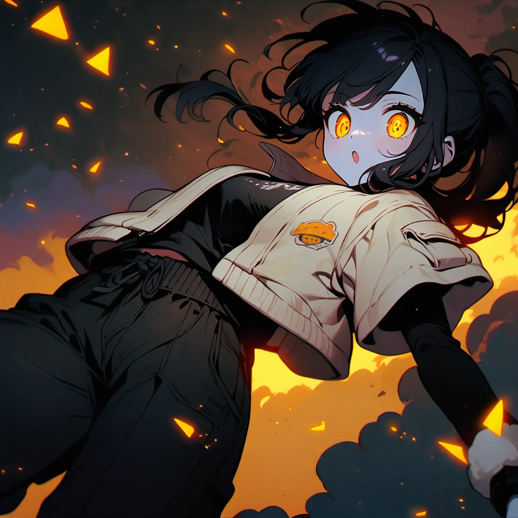 (well done: 1) woman, shoulder-length black hair with a slight cream-colored gradient at the ends, white skin, sheep's ears, light dark circles, yellow eyes with rectangular horizontal pupils, loose white jacket, black t-shirt, black pants, sneakers white.