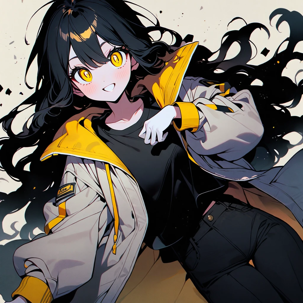 (well done: 1) woman, shoulder-length black hair with a slight cream-colored gradient at the ends, white skin, sheep's ears, light dark circles, yellow eyes with rectangular horizontal pupils, loose white jacket, black t-shirt, black pants, sneakers white.