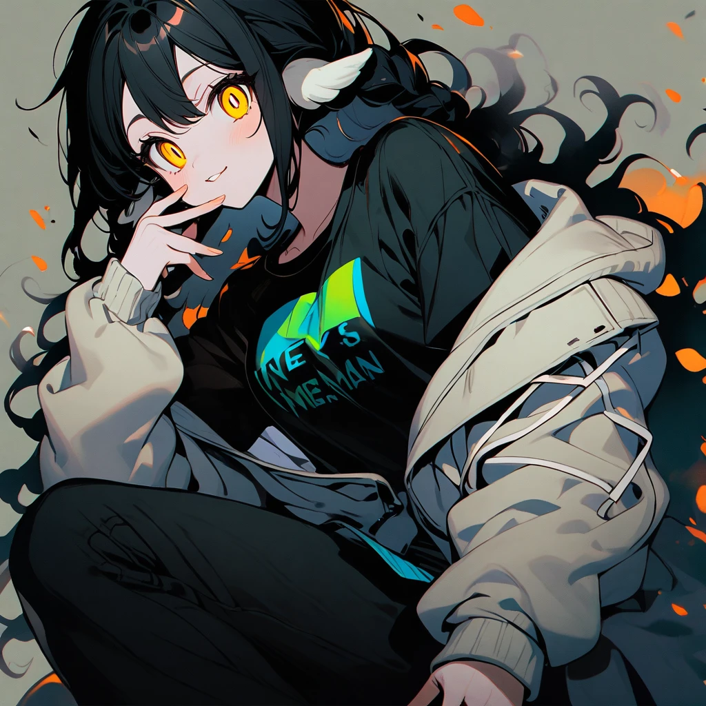 (well done: 1) woman, shoulder-length black hair with a slight cream-colored gradient at the ends, white skin, sheep's ears, light dark circles, yellow eyes with rectangular horizontal pupils, loose white jacket, black t-shirt, black pants, sneakers white.
