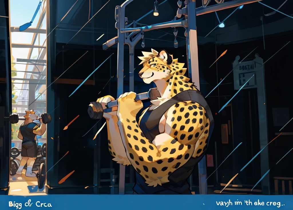 By bigcozyorca, by bebebebebe, by buta99, furry, young, teenager, big, strong and attractive, males, provocative poses, (hair, snout), cheetah, ((muscular, tall)) black tank top, smirking, yellow fur, yellow body, atlethic, showing off big muscles arrogant smile, strong arms, flexing muscles, gym background, lifting weights.