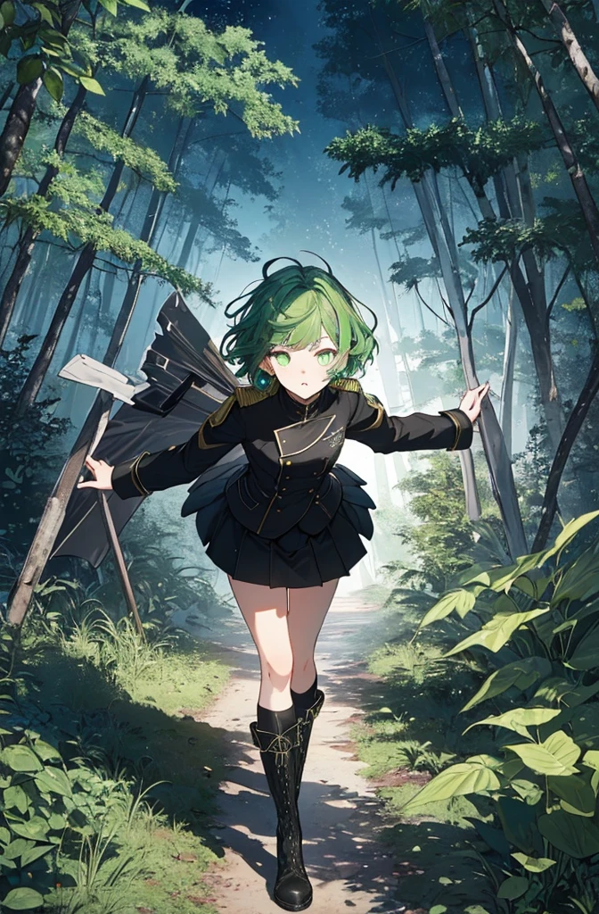 [(green hill background:1.4)::5],original,(shape:1.1),(highest quality),(Tabletop:1.1),(Highly detailed CG Unity 8k wallpaper:1.1), (colorful:0.9),(Mid Shot:0.95),(very detailed beautiful whole body),Dynamic Angle,(alone:1.2), (girl),(((Adult))), (Beautiful eyes in every detail:1.15), (Beautiful Face:1.15), (Glowing green eyes:1.25////),(Gemstone Eyes),(Green Short Hair),(Blunt bangs),((The girl wear a black knight uniform)),Realistic,, girl,Green Hair,((Black long boots)), Black mini skirt,Black knee socks(rage),(Contempt and contempt),rage,(beautiful slender girl),((Adult)),((whole body)),Valkyrie, Decorations,((Thin legs)),((slender girl)),Front Angle,Front Angle,Forest elevation,night,Forest elevation,Forest elevation,standing,