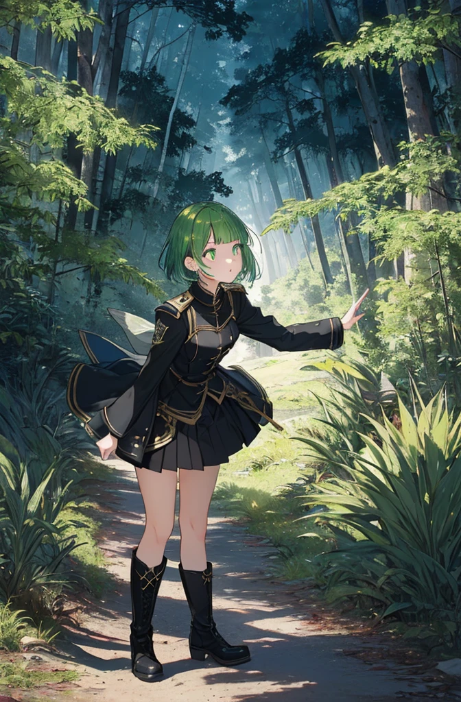 [(green hill background:1.4)::5],original,(shape:1.1),(highest quality),(Tabletop:1.1),(Highly detailed CG Unity 8k wallpaper:1.1), (colorful:0.9),(Mid Shot:0.95),(very detailed beautiful whole body),Dynamic Angle,(alone:1.2), (girl),(((Adult))), (Beautiful eyes in every detail:1.15), (Beautiful Face:1.15), (Glowing green eyes:1.25////),(Gemstone Eyes),(Green Short Hair),(Blunt bangs),((The girl wear a black knight uniform)),Realistic,, girl,Green Hair,((Black long boots)), Black mini skirt,Black knee socks(rage),(Contempt and contempt),rage,(beautiful slender girl),((Adult)),((whole body)),Valkyrie, Decorations,((Thin legs)),((slender girl)),Front Angle,Front Angle,Forest elevation,night,Forest elevation,Forest elevation,standing,